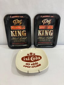 MID CENTURY ISI COLA ADVERTISING PLATE AND 2 BROWN FOREMAN WHISKEY TIP TRAYS