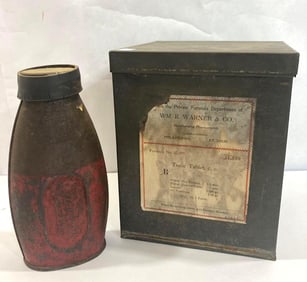 JUSTRITE CALCIUM CARBIDE TIN BOTTLE AND PHARMACY TIN BOX