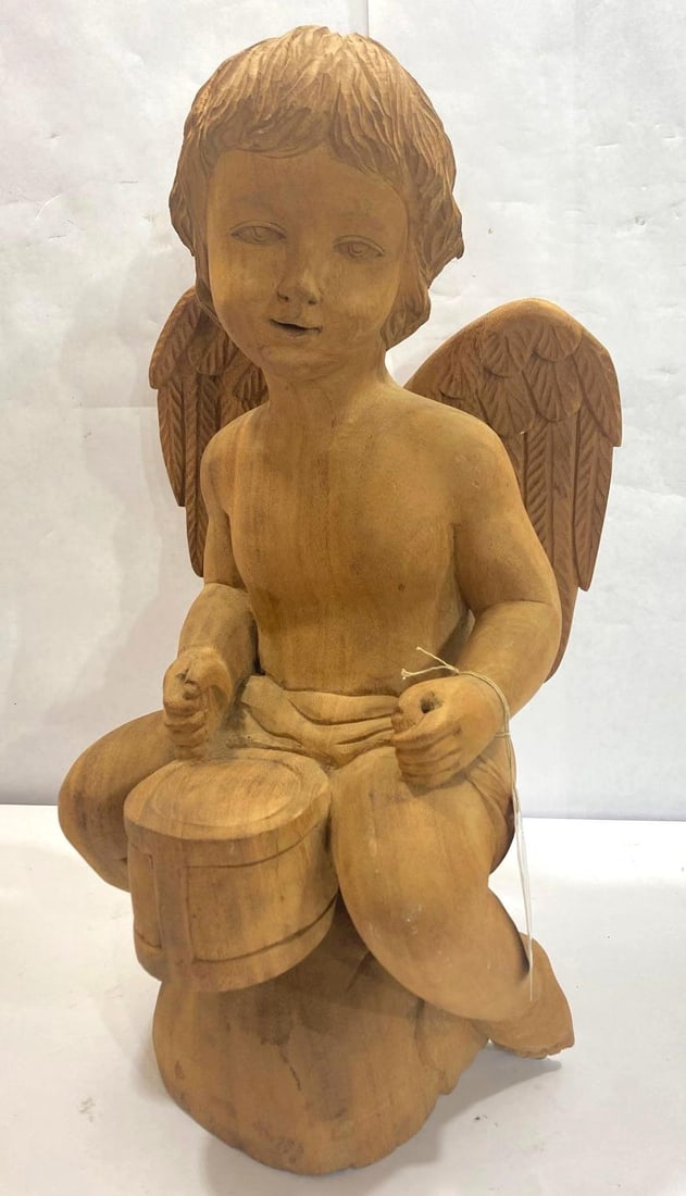 HAND CARVED WOOD CHERUB: WINGS ARE REMOVABLE, 18X10X9 IN