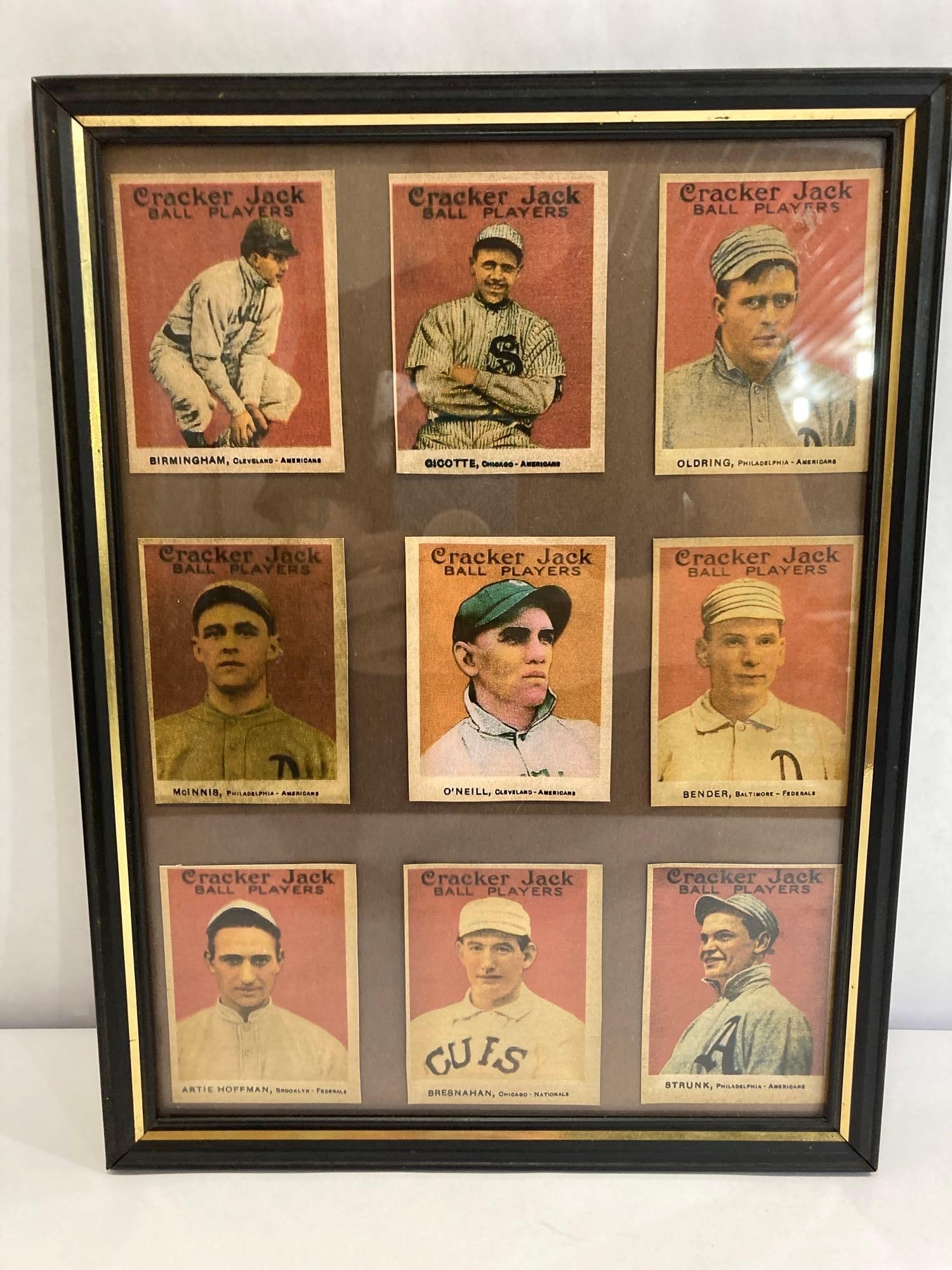 FRAMED CRACKER JACK BALL PLAYER CARDS: THESE ARE REPRODUCTIONS, FRAME IS 12X9 IN