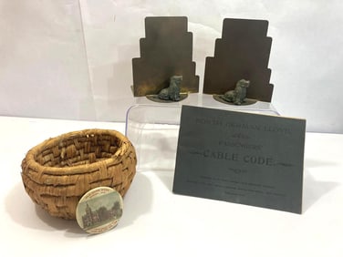 ART DECO BOOKENDS, STEAM SHIP BOOK, AND HAND WOVEN BASKET