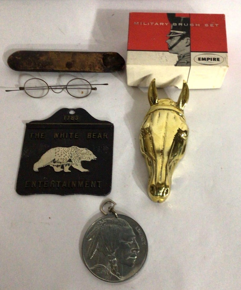 BRASS HORSE HEAD, BUFFALO HEAD LG COIN, WIRE RIM GLASSES, AND MORE: INCLUDING WHITE BEAR PLAQUE, AND MILITARY BRUSH SET IN ORIGINAL BOX