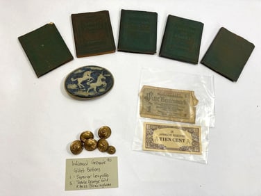 FOREIGN MONEY, GILDED BUTTONS, BELT BUCKLE AND SHORT STORIES