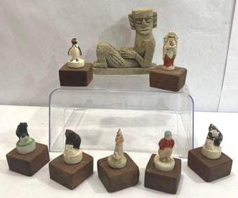 CERAMIC MOUNTED FIGURES AND TRIBAL CARVING