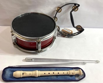 DRUM, TAMBOURINE, RECORDER AND STICKS