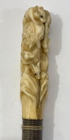 MOUSE AND LEAF HAND CARVED CANE