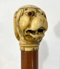 1886 HAND CARVED DOUBLE LION HEAD CANE
