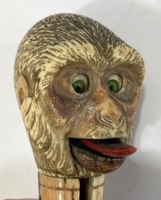 MECHANICAL HAND CARVED MONKEY HEAD CANE