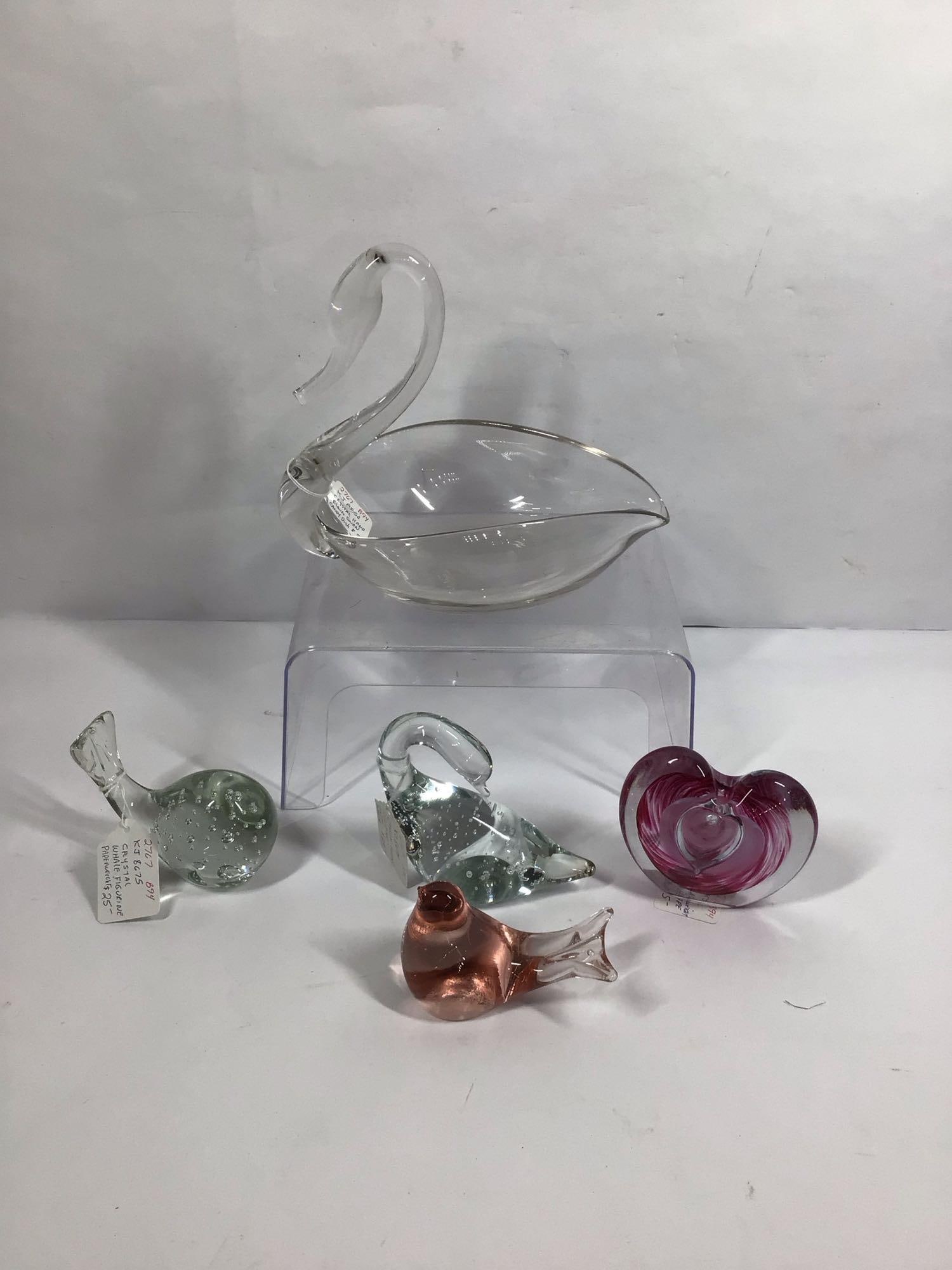 CRYSTAL AND GLASS PAPERWEIGHTS AND CANDY DISH: INCLUDES A WHALE, SWAN, DOVE AND HEART PAPERWEIGHTS, CRYSTAL HAND BLOWN SWAN CANDY DISH IS 9X6X8