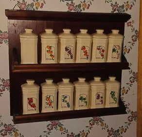 ELGIN FRUIT DECORATED SPICE JARS AND RACK