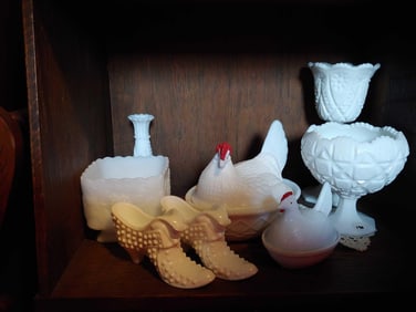 HEN ON NEST AND MILK GLASS