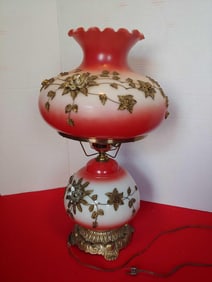 FLORAL DECORATED GONE WITH THE WIND HURRICANE LAMP W/ GOLD APPLIQUE LEAVES/ FLOWERS