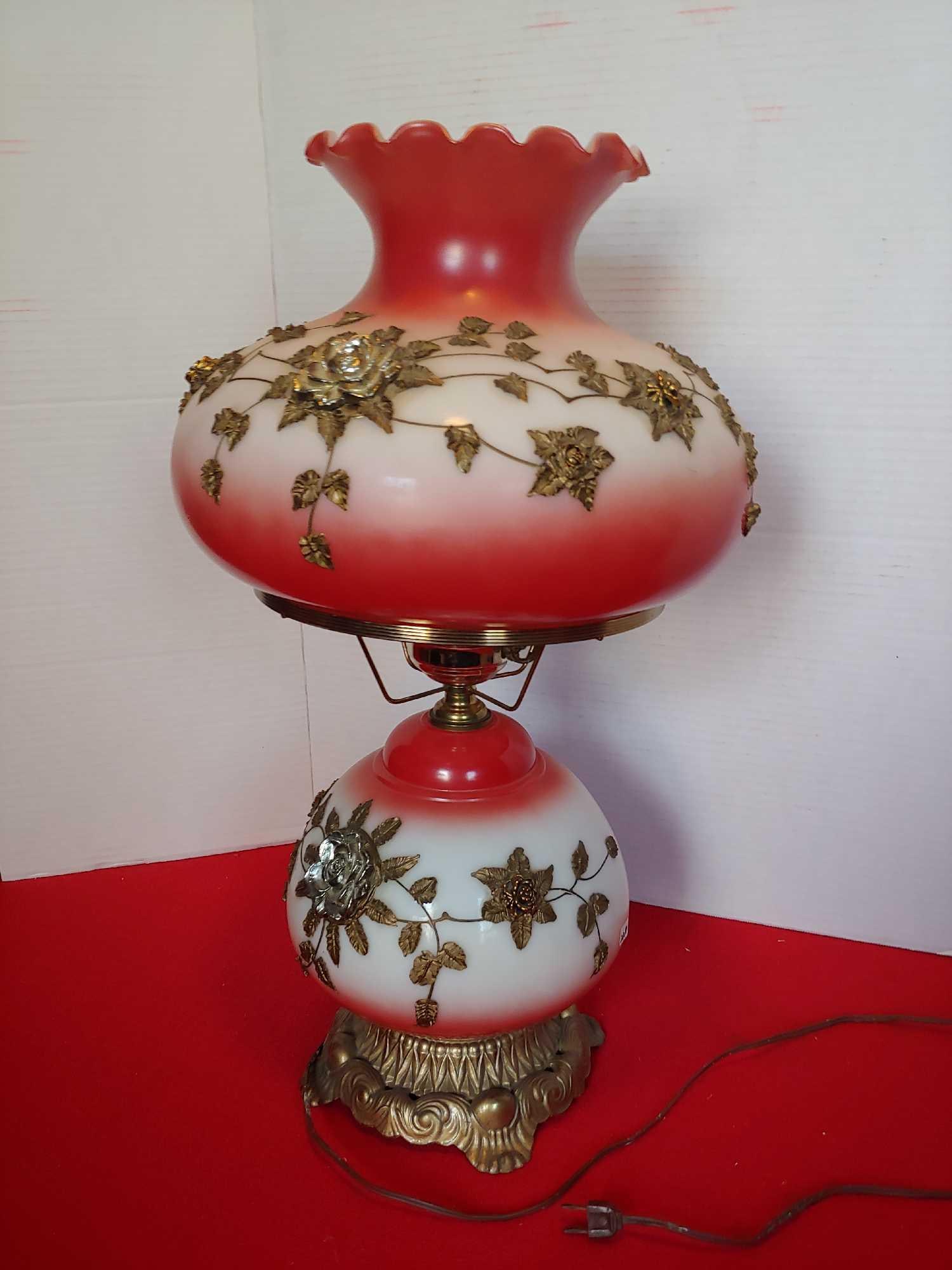 FLORAL DECORATED GONE WITH THE WIND HURRICANE LAMP W/ GOLD APPLIQUE LEAVES/ FLOWERS (1 of 5)