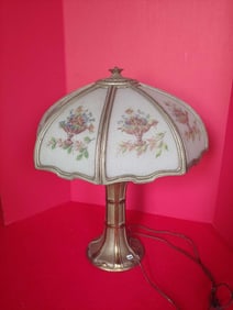ANTIQUE REVERSE PAINTED TEXTURED GLASS AND BRASS PEDESTAL PITTSBURG ELECTRIC LAMP