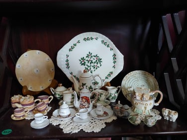 VARIOUS MINIATURE PORCELAIN TEA SETS INC. HOLIDAY, HUMMEL, BAKED GOODS AND NOAH'S ARK