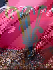 ANTIQUE TEAK UMBRELLA/CANE STAND INCLUDING CANES AS WELL AS UMBRELLAS