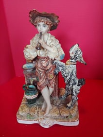 ITALIAN CERAMIC/PORCELAIN FIGURAL STATUE W/ BOY/DOG AND WASH STAND