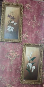 LOT OF 2 EARLY HAND PAINTED FRAMED FLORAL PRINTS WITH ORNATE FRAMES
