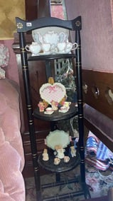 ANTIQUE LACQUERED/ HITCHCOCK STYLE 3 TIER PLANT STAND W/ 3 MINIATURE TEA SETS