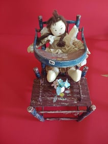 HAND CRAFTED HAND PAINTED CONVERTIBLE DOLL HIGH CHAIR W/ CLOTH DOLL