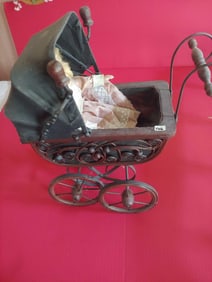 FOLK ART DOLL PRAM W/ DOLL