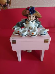 PORCELAIN DOLLS, TEA SET AND WOOD SCHOOL DESK FOR DOLLS