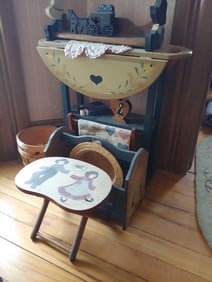 HAND PAINTED HOME DECOR LOT INC. STAND, RACK, STOOL, SHELF, BASKET AND MORE ALL PLAIN DOLL MOTIF