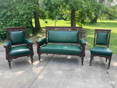 LEATHER VICTORIAN LOVESEAT AND CHAIRS