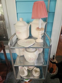 PFALTZGRAFF TEA ROSE CANISTERS, COOKIE JAR, HOT PLATE, CANDLE LAMP, SERVER AND MORE