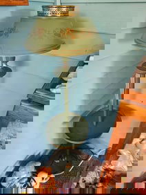 1960'S METAL SHELVED FLOOR LAMP W/ TOLE SHADE