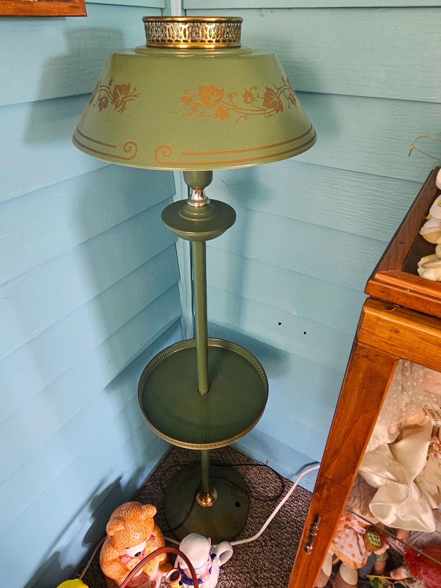 1960'S METAL SHELVED FLOOR LAMP W/ TOLE SHADE: ELECTRIC, IN GOOD WORKING ORDER COMPLETE WITH GLOBE 53" H