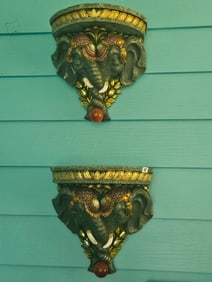 VINTAGE DOUBLE ELEPHANT HEAD JEWELED CARVED WALL SCONCE SHELVES LOT OF 2