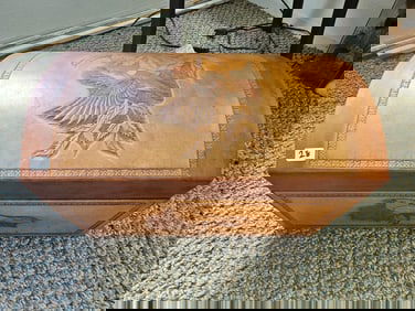 LEATHER INLAID & HANDLED WOOD DOMED SEWING CHEST DEPICTING BIRD SCENE