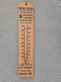 ANTIQUE WOOD ADVERTISING THERM - IH MADISON GARAGE MADISON OHIO