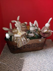 RUSS CRAFT CREATIONS LOT OF GARDEN BUNNIES AND TIN BASKET