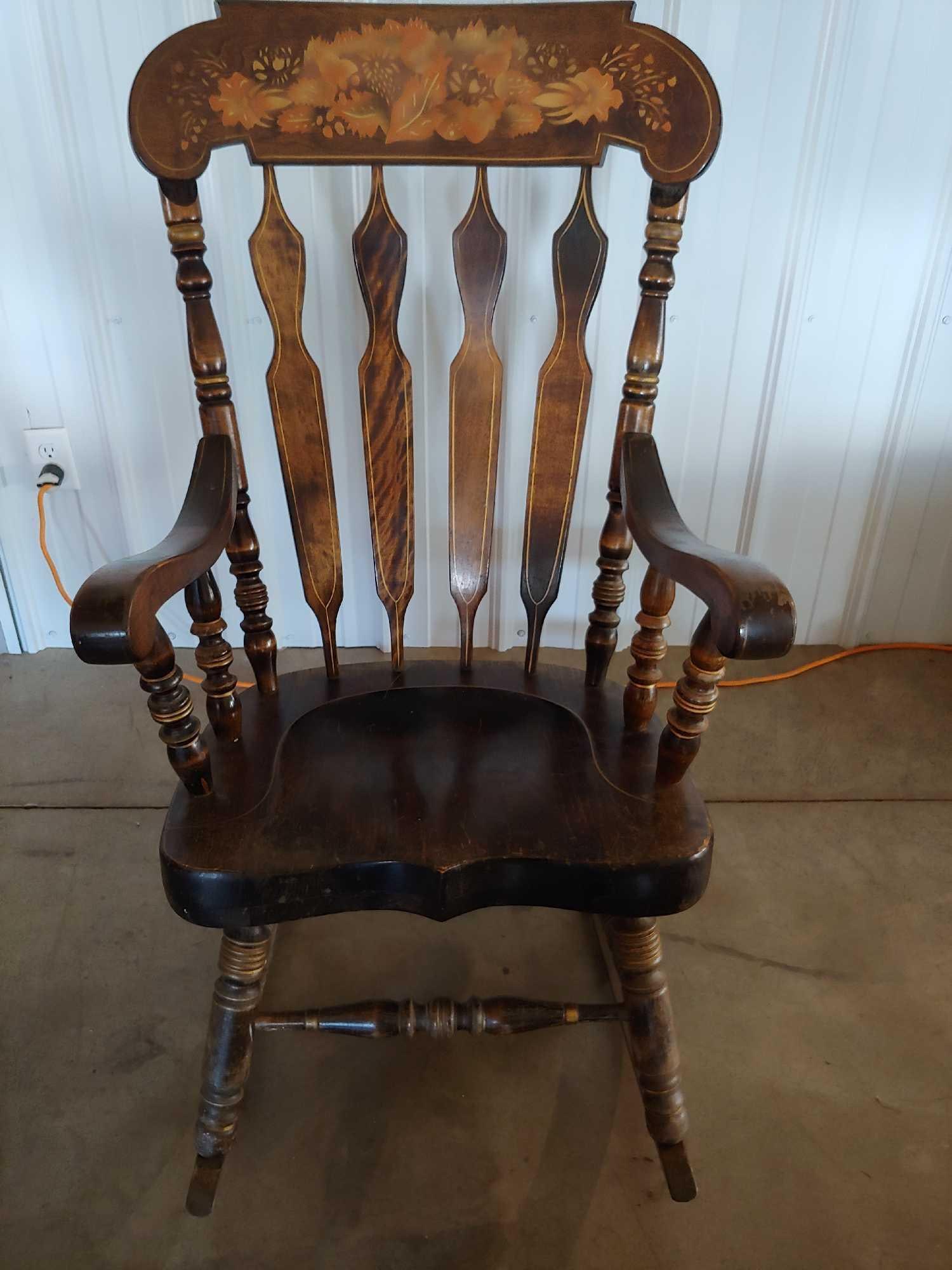 hand painted wooden rocker: 19x22x46 high shows some wear but overall is in solid condition