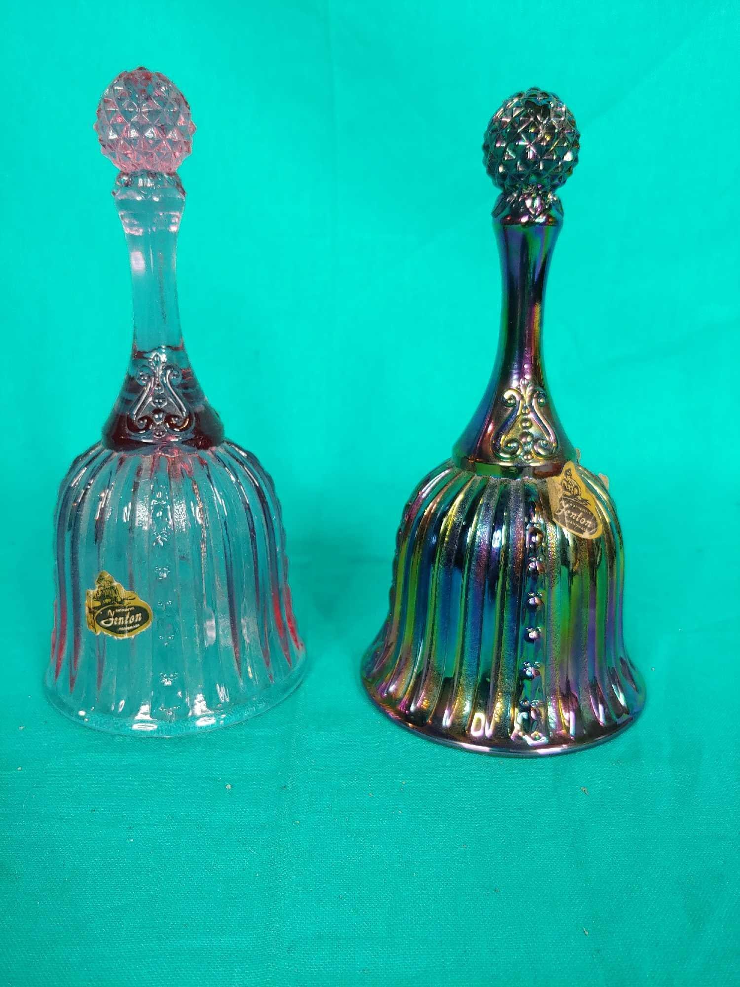 2 Fenton glass Bells: One is Carnival Glass and both have ringers are 7 in tall and are free of chips or cracks