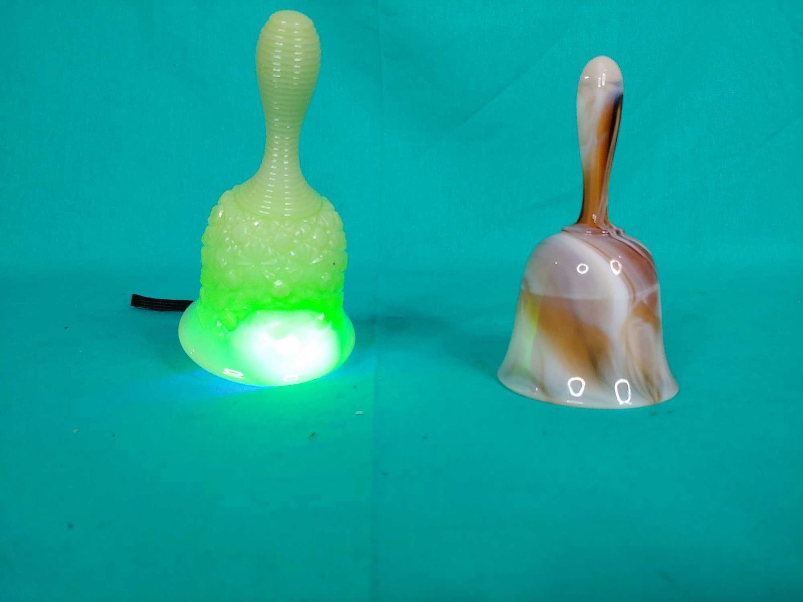 2 glass Bells, Fenton uranium glass and slag glass (1 of 6)