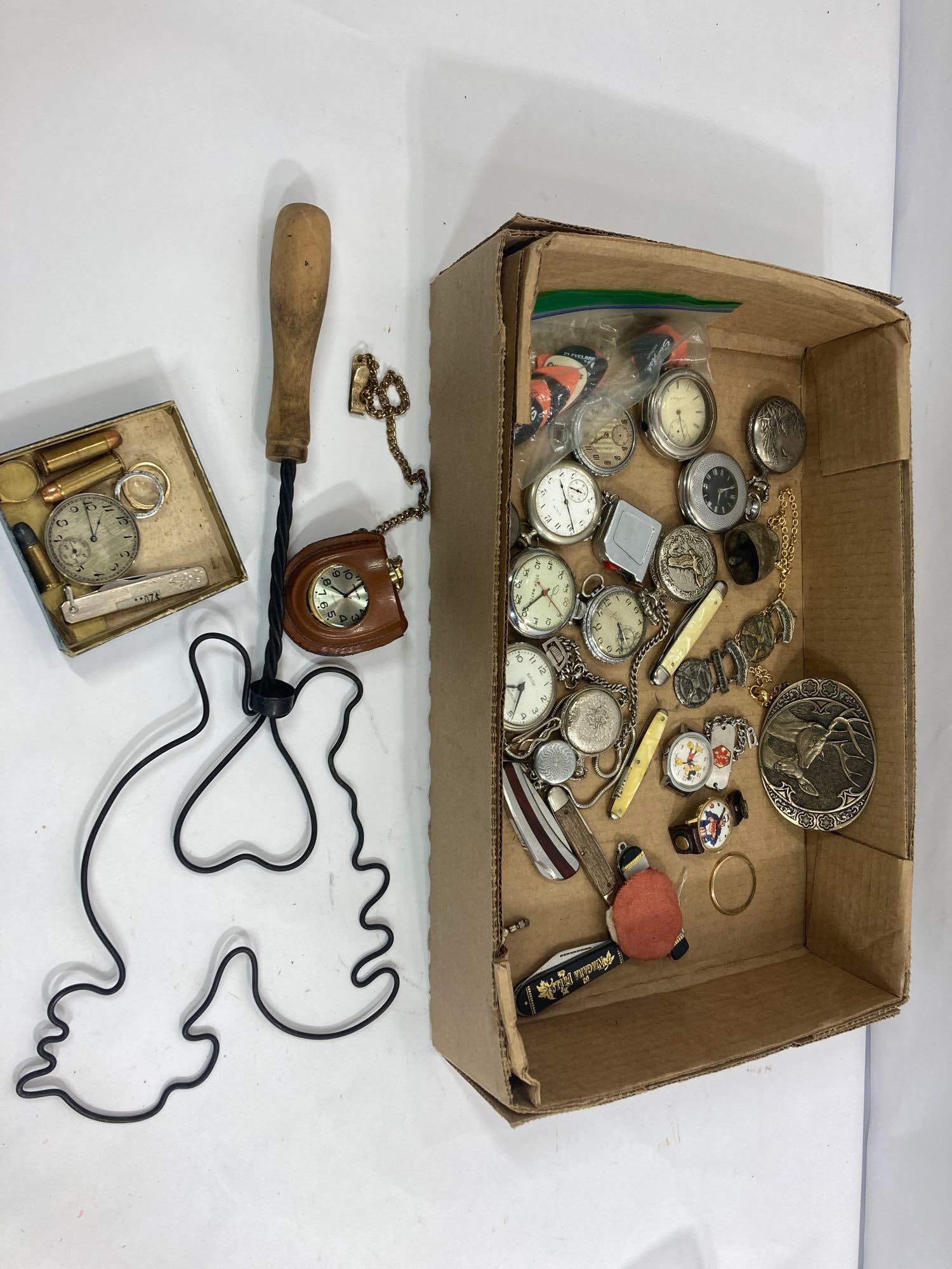 LOADED LOT OF ASSORTED POCKET WATCHES, KEYCHAINS, PINS, JEWELRY,  POCKET KNIVES AND MORE (1 of 6)