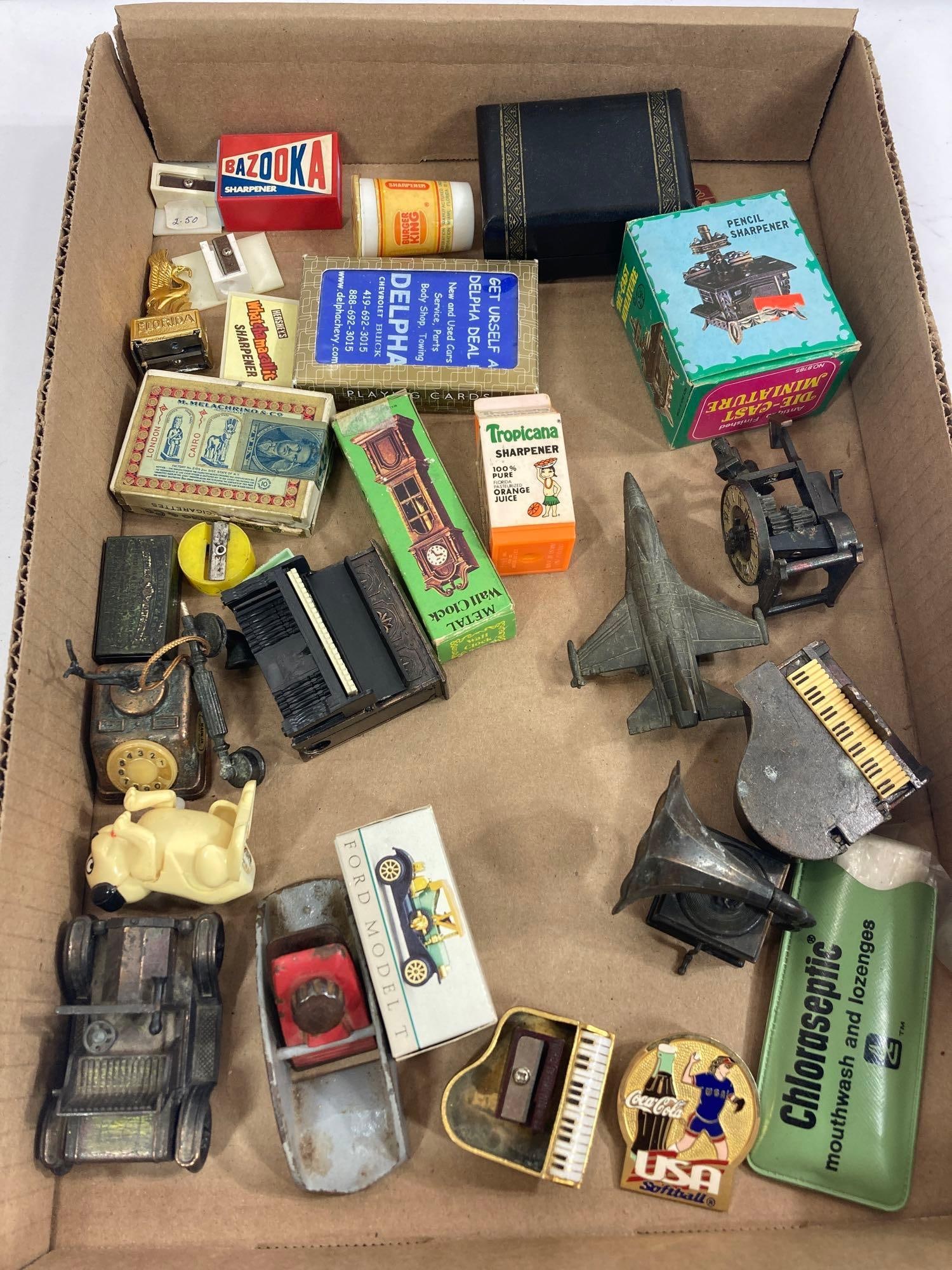MINIATURE LOT OF SHARPENERS, ADVERTISING PCS., PLANE, PINS AND MORE (1 of 6)