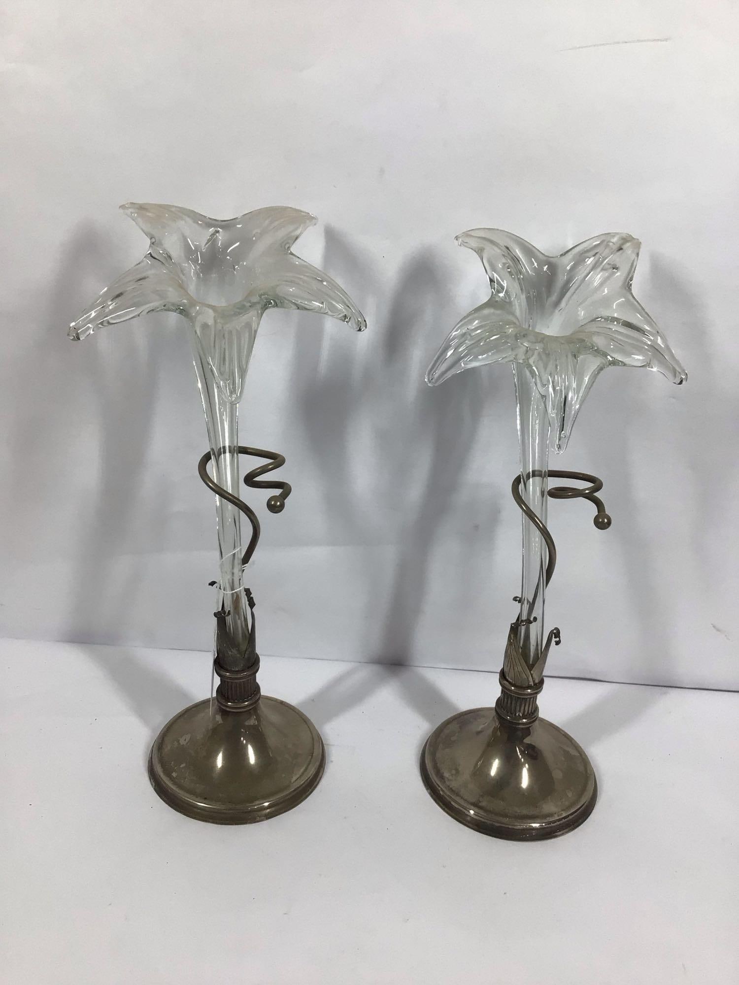 RARE ART NOUVEAU 1960'S HAND BLOWN GLASS & SILVER PLATE AMARYLLIS BUD VASES (1 of 5)