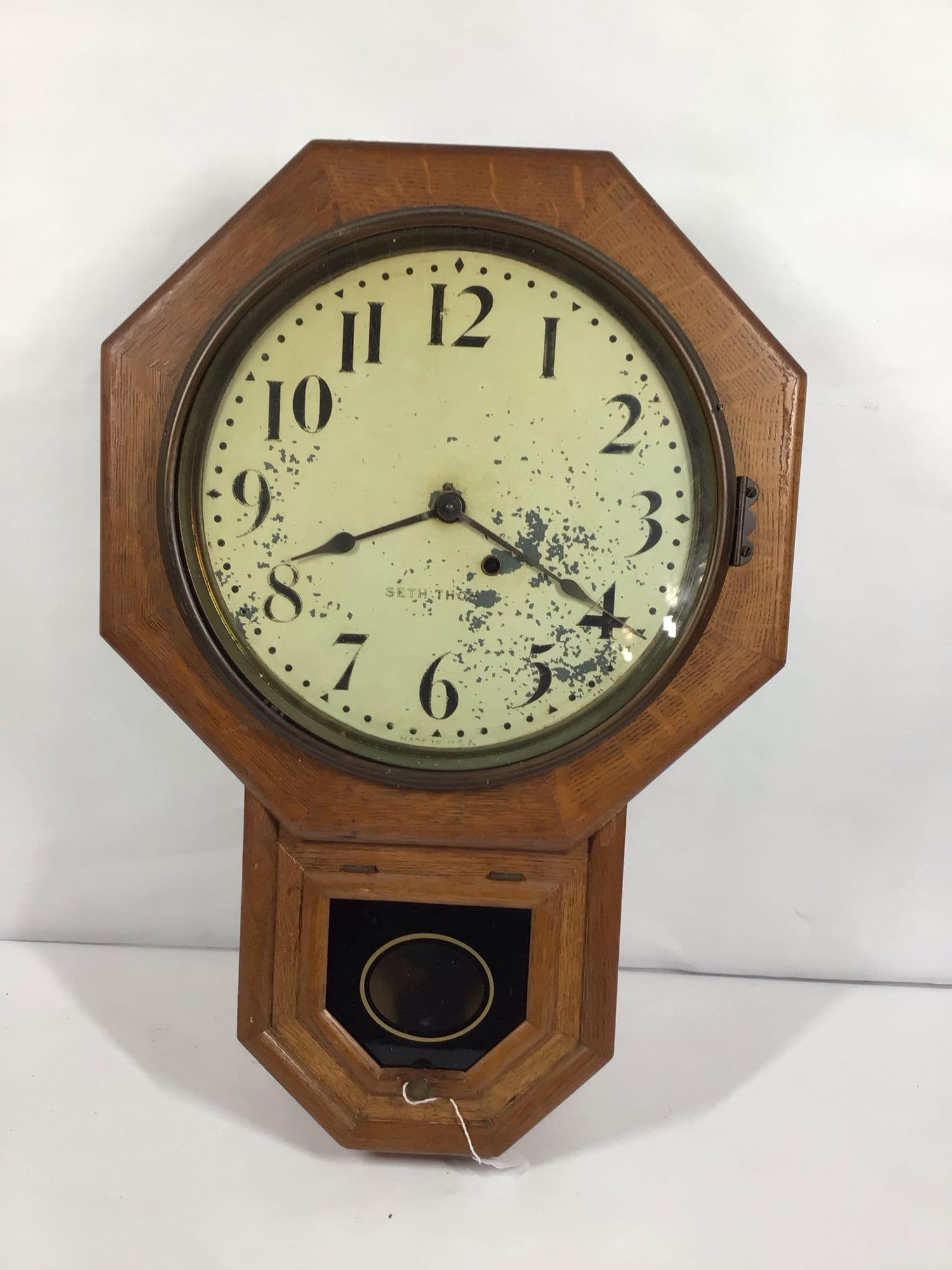 GREAT EARLY SETH THOMAS SCHOOL HOUSE REGULATOR WALL HANGING CLOCK W/ PENDULUM AND KEY (1 of 4)