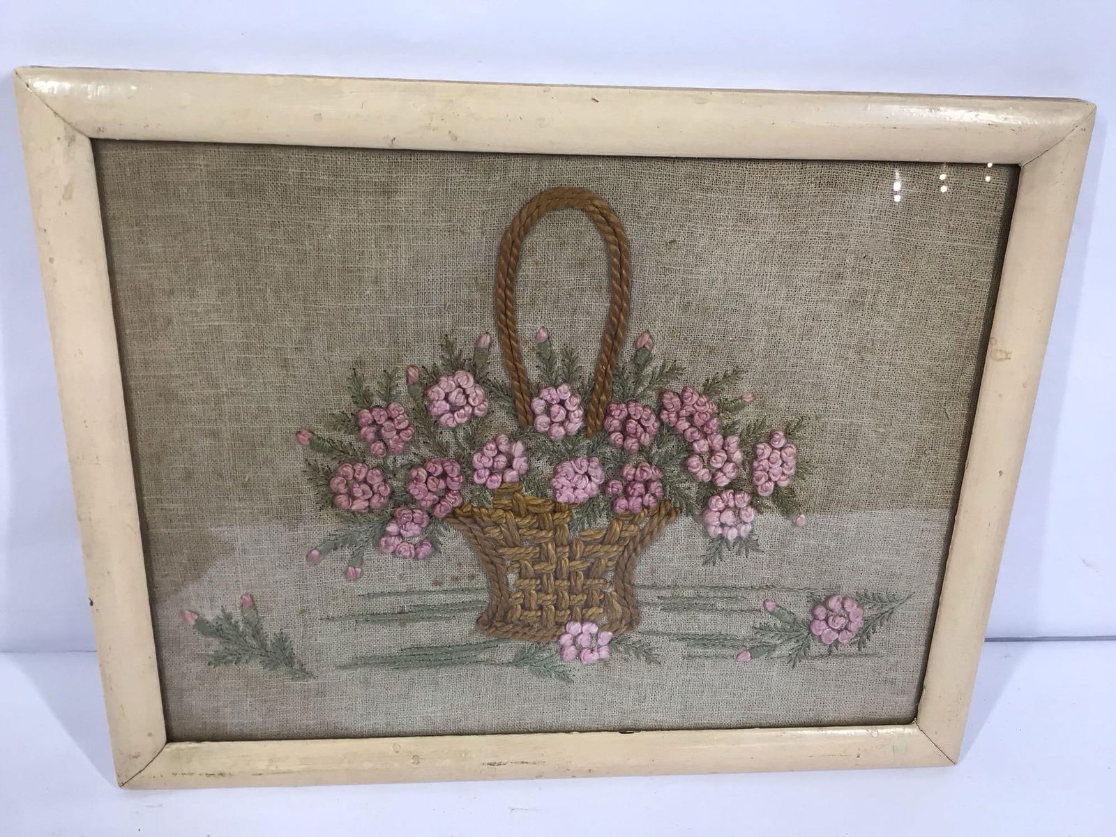 EARLY FRAMED EMBROIDERED FLOWER BASKET WALL HANGING (1 of 3)
