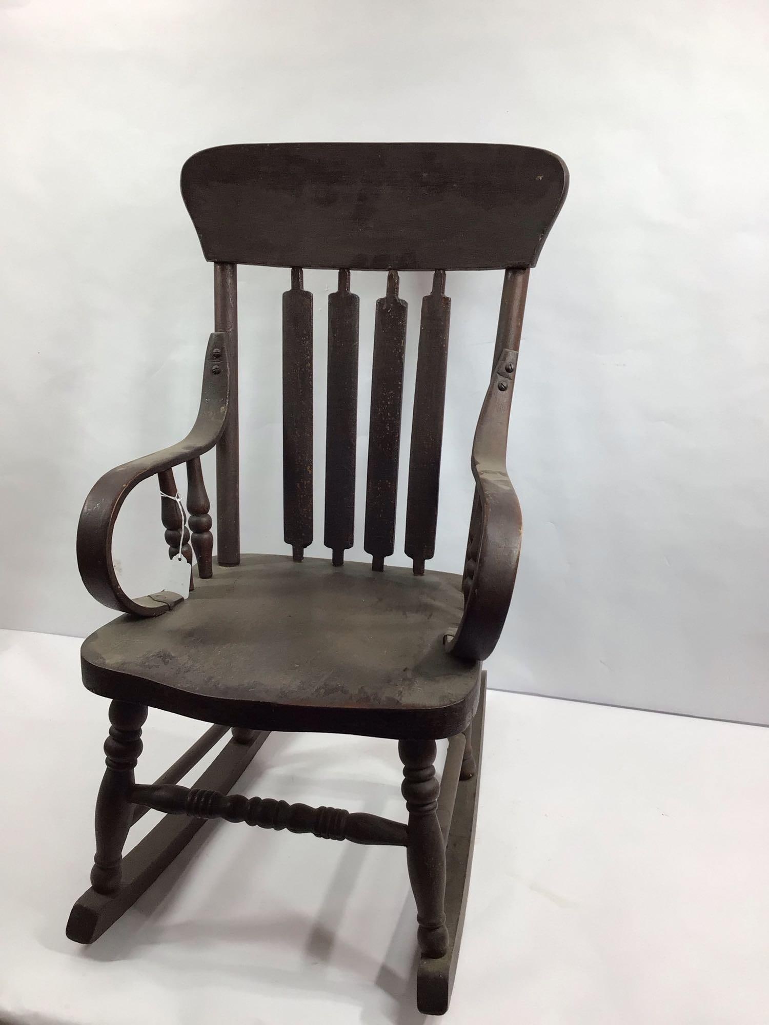 PRIMITIVE HAND CRAFTED CHILDS WOOD ROCKER W/ SLAT BACK (1 of 3)