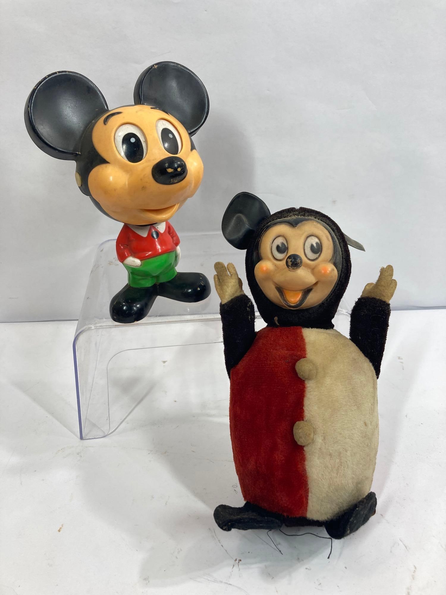EARLY DISNEY WOOLKIN RUBBER FACED PLUSH MICKEY MOUSE & 1976 CHATTERBOX MICKEY: THIS IS A GREAT LOT OF EARLY AMERICAN DISNEY HISTORY SHOWING AREAS OF WEAR TO EARLY PLUSH MICKEY WITH CHATTERBOX MICKEY IN GOOD TALKING ORDER PLUSH 9 H CHATTERBOX 7 H