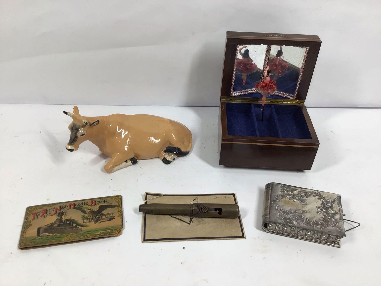 CERAMIC COW, ARMY NAVY NEEDLES, JEWELRY BOX AND CARD HOLDER (1 of 4)