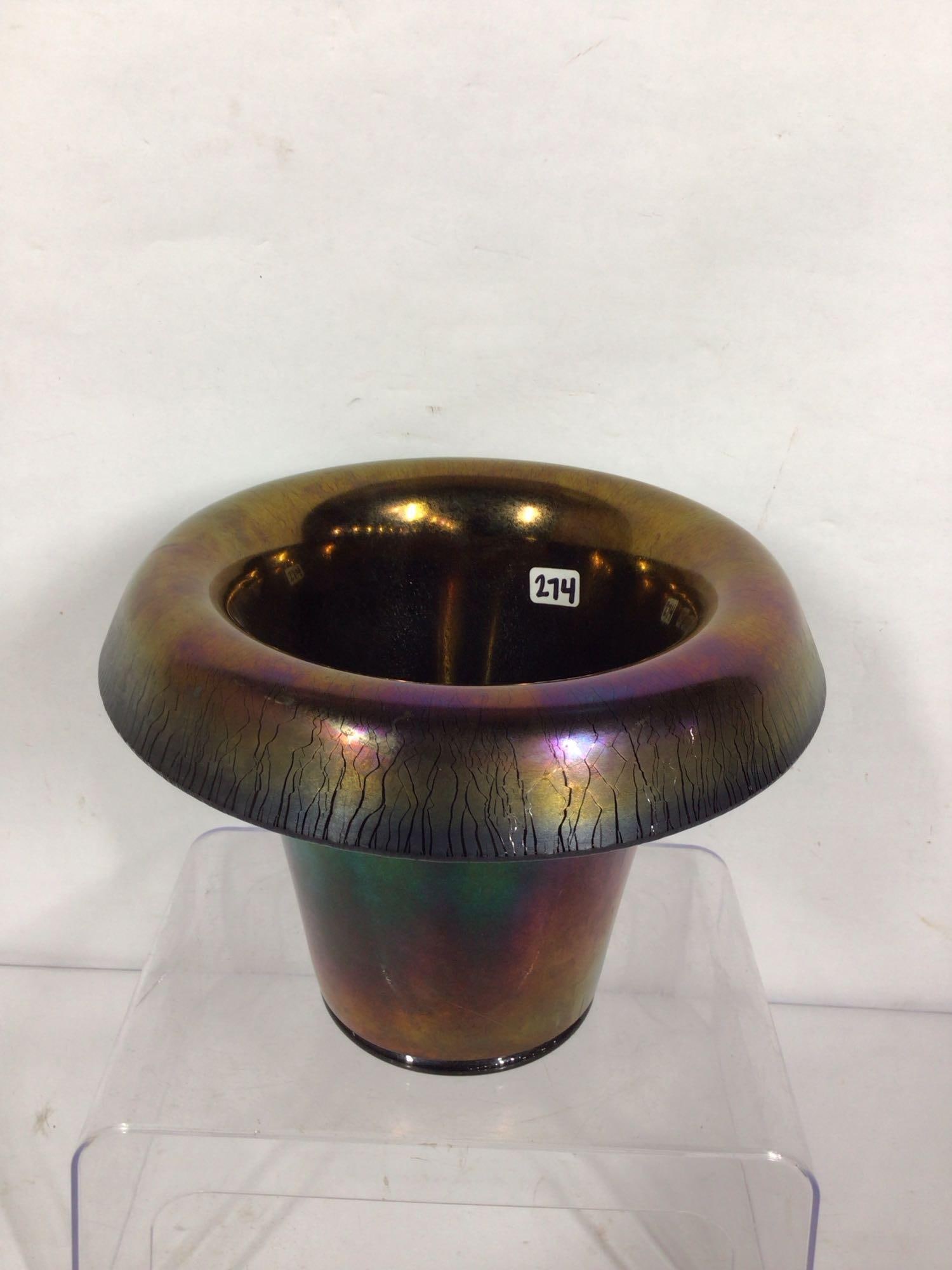IMPERIAL GLASS ROLLED TOP VASE: IRIDESCENT GLASS CRACKLE PATTERN GIVES THIS A GREAT LOOK. 7X8