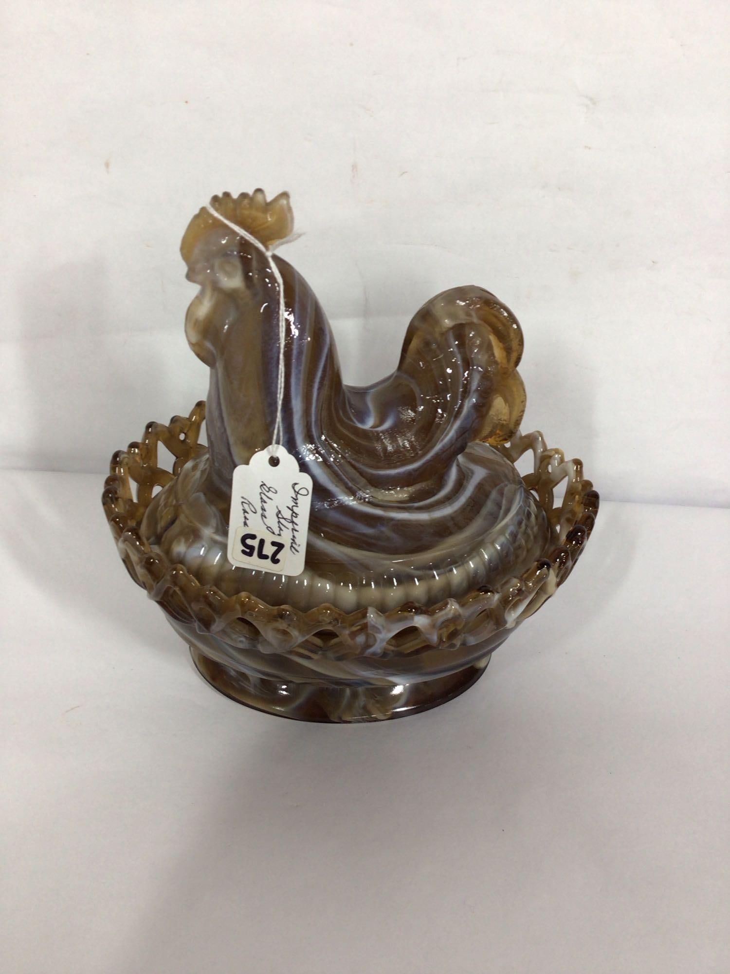 IMPERIAL SLAG GLASS ROOSTER ON NEST: GREAT CONDITION, NO FOUND CHIPS OR CRACKS. 8 INCHES TALL