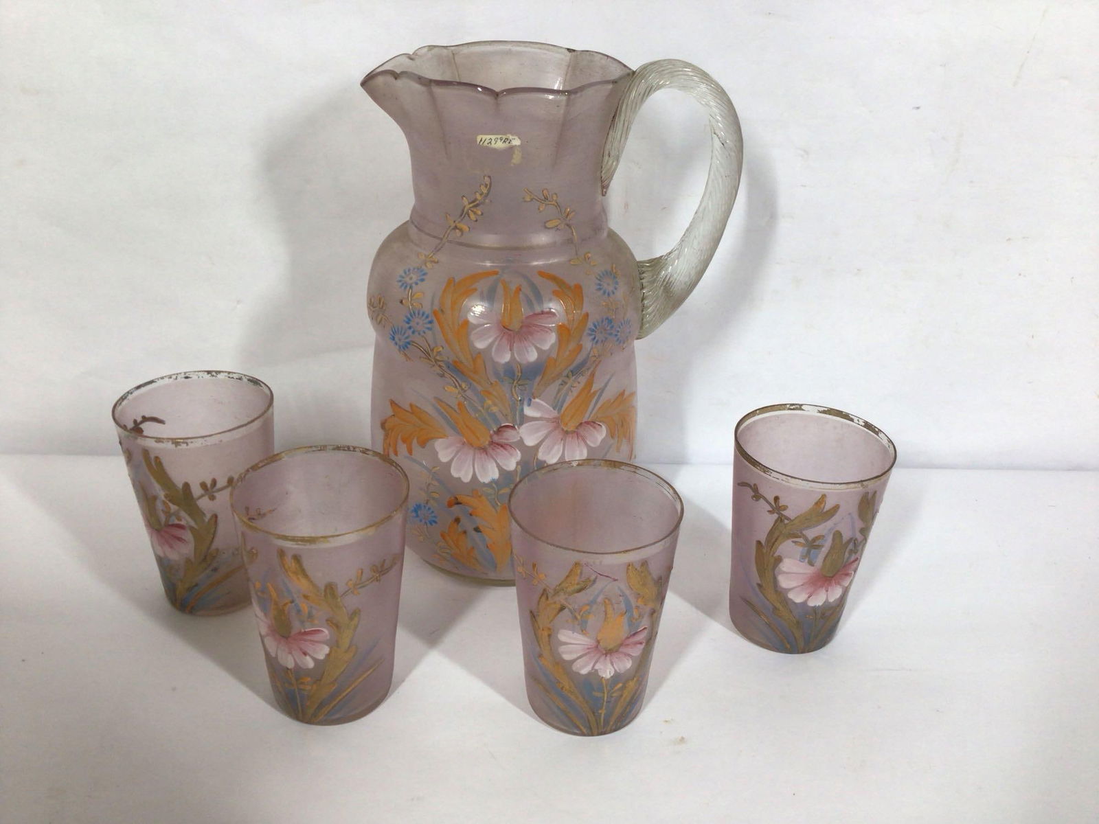 VICTORIAN HAND PAINTED FLORAL FROSTED GLASS WATER SET (1 of 6)