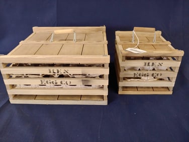 HEN EGG CO. WOOD CRATE CARRIER LOT OF 2 SMALL AND MED.